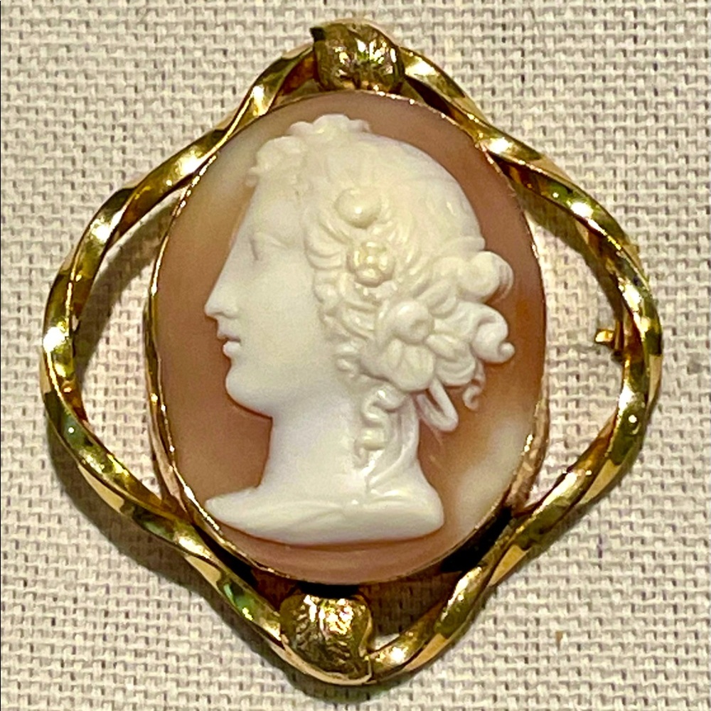 1800s Hand Carved Antique Cameo Pin Brooch Pendant Sardonyx in Gold Setting RARE